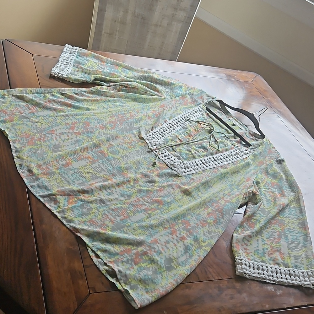 Daniel Rainn Sheer Abstract Print Peasant Boho Tunic Coverup Top 1X - Picture 9 of 14